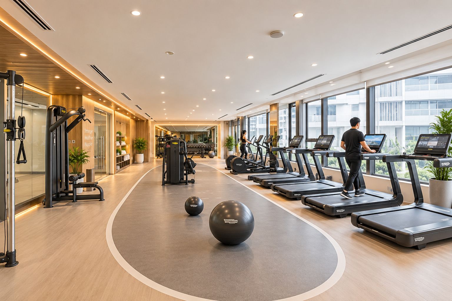 A modern gym with treadmills, exercise balls, and weight machines.