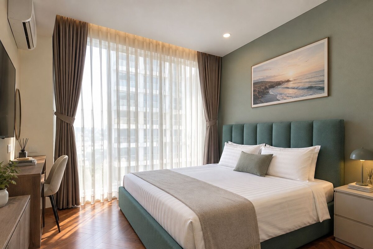 Una habitación de hotel moderna con una cama grande, un escritorio y una silla.