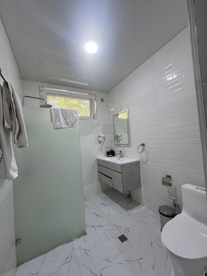 Secador de cabelo, toalhas de banho, sabonete, shampoo