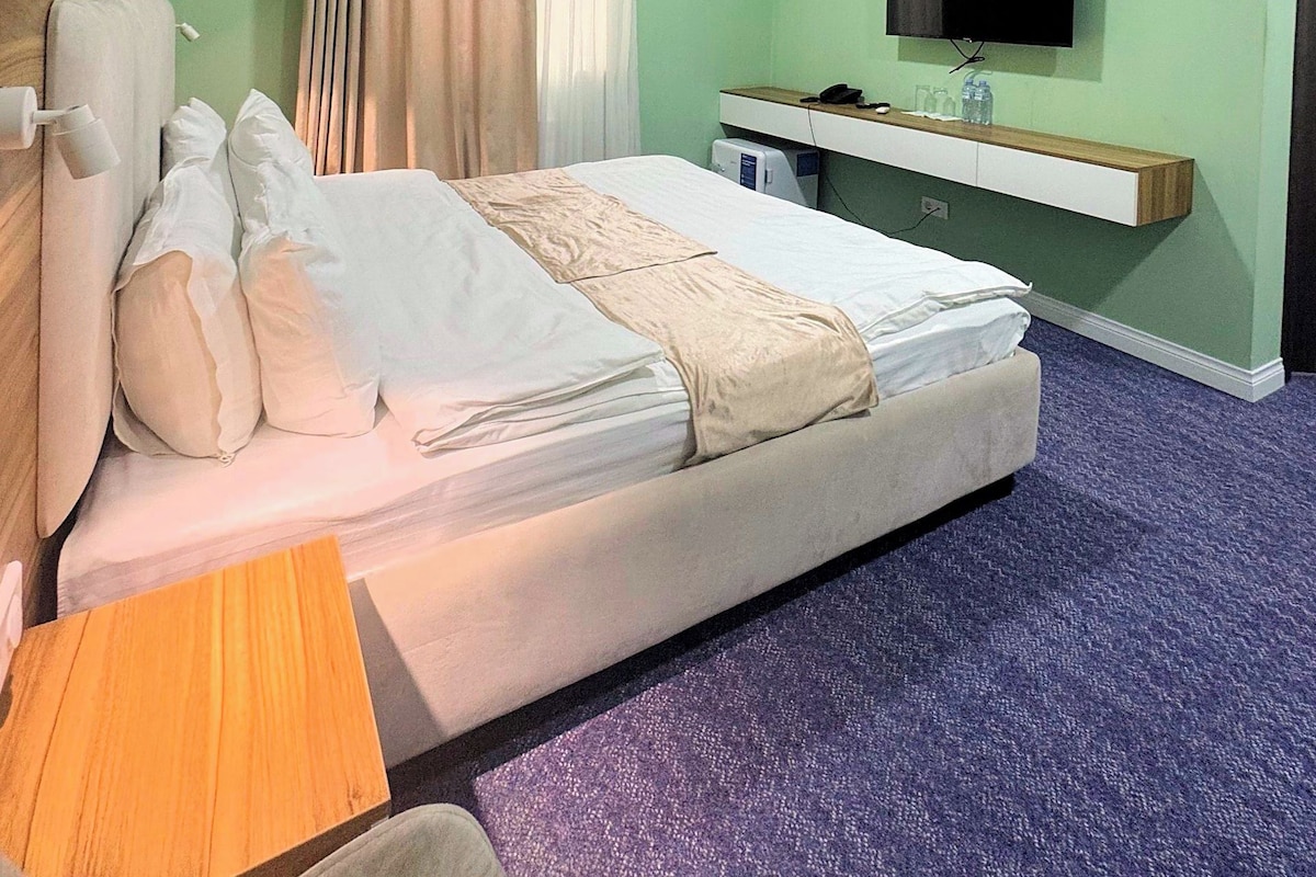 Una habitación de hotel con una cama, un escritorio, un televisor y un aire acondicionado.