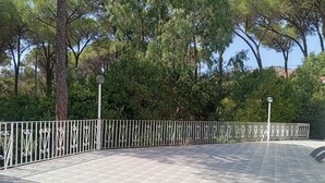 Uma passarela pavimentada com grade metálica decorativa, cercada por árvores e céu claro.