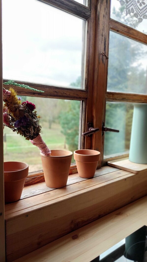 Ein Fensterbrett mit Terrakottatöpfen und einer hängenden Trockenblumenkomposition.