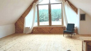 Een ruime zolderkamer met houten vloeren, een groot raam met gordijnen, een hanglamp en een hond.