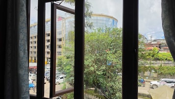 Vista a través de una ventana con cortinas, mostrando una escena urbana con edificios, árboles y coches estacionados.