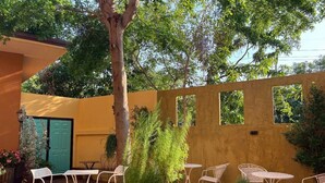 Un espacio al aire libre con patio, mobiliario de mimbre blanco, plantas en macetas y una puerta verde.