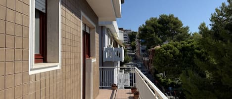 Un edifici residencial amb façana enrajolada, un balcó amb plantes en testos i una vista despejada al carrer i als arbres.