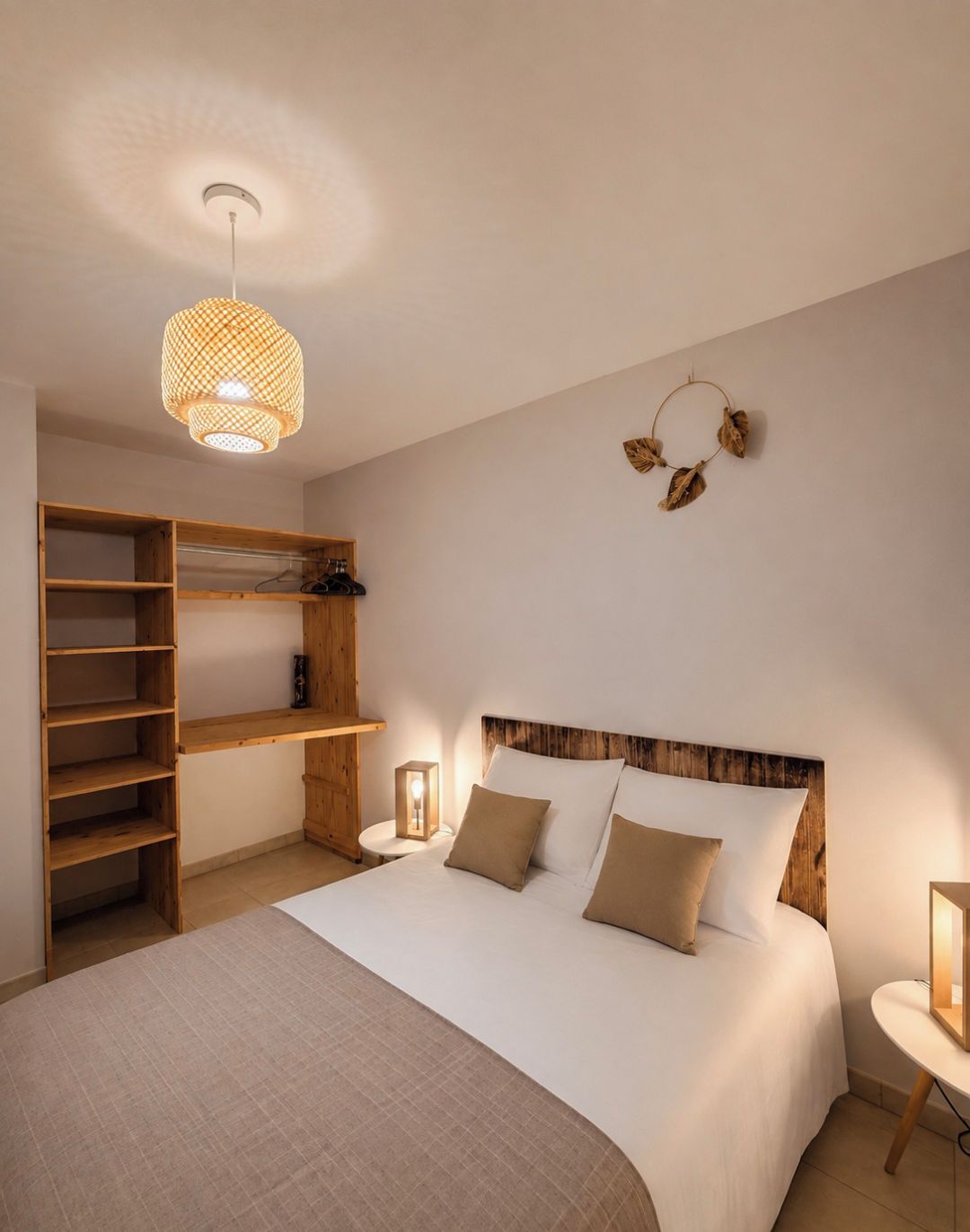 Une chambre à coucher comprenant un lit, des étagères en bois, un luminaire suspendu et un élément décoratif fixé au mur.
