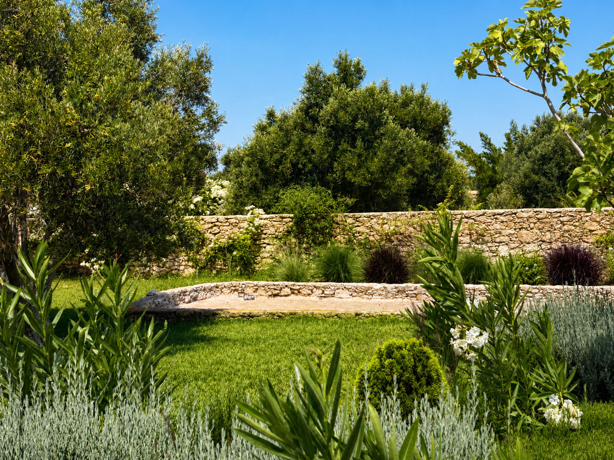 A landscaped garden with a stone wall, various shrubs, and a lawn.