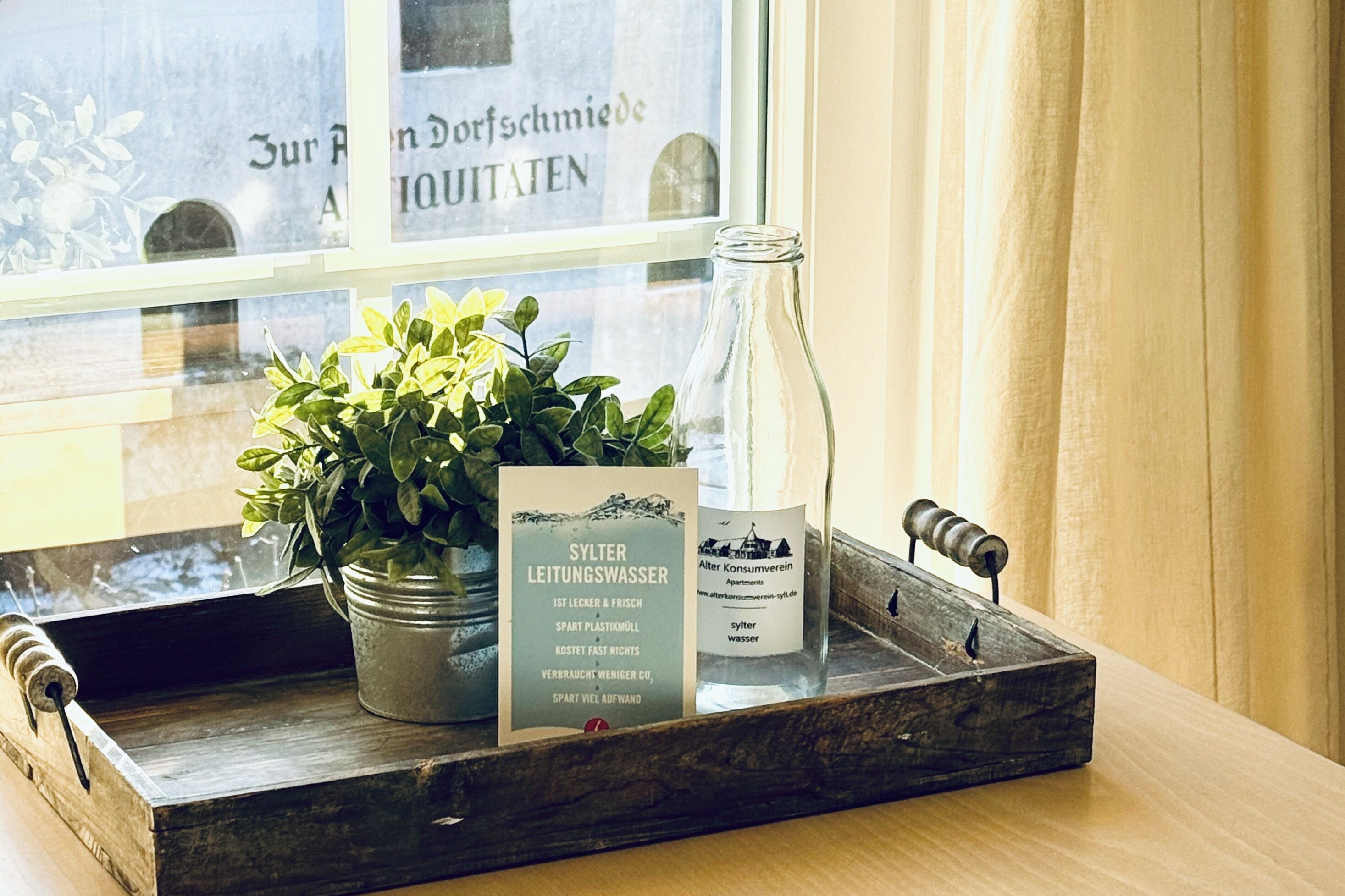 A tray with a potted plant, a bottle, and a card on a window sill.
