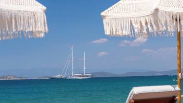 A beachside view with two white umbrellas, a sailboat in the distance, and a clear blue sky.