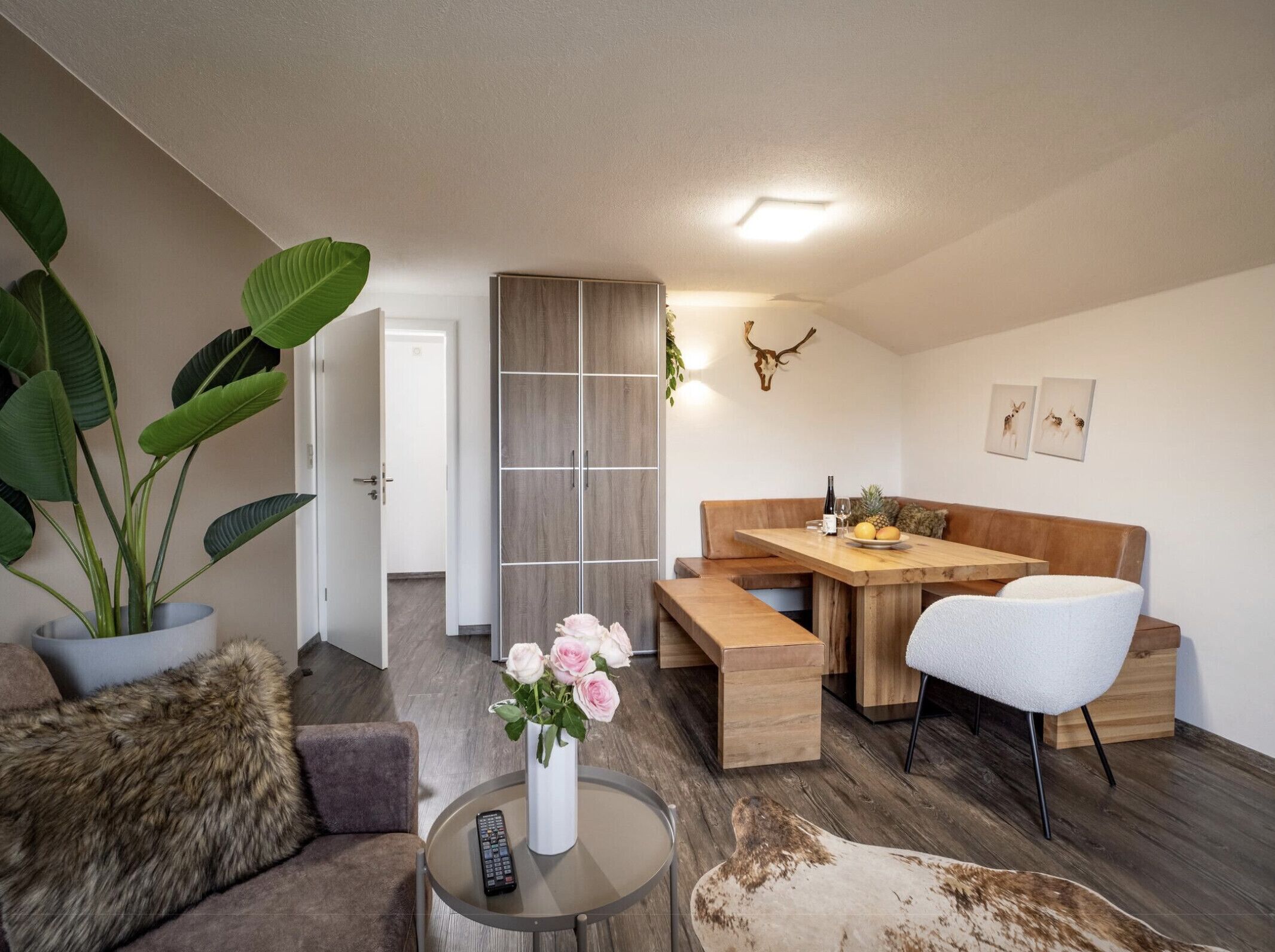 A modern living room with a sofa, a coffee table with a remote, a dining area with a wooden table and benches, and a large plant.