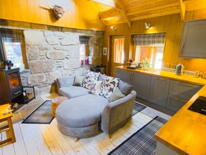 A cozy cabin interior with a stone wall, a sofa, a kitchen area, and a fireplace. - Wildcat Lodge - couples retreat for two with a hot tub (Boat of Garten)