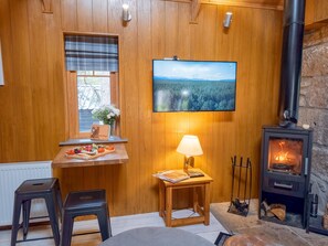 A cozy room with wooden walls, a television mounted above a window, a table with a fruit platter, a lamp, and a wood-burning stove. - Wildcat Lodge - couples retreat for two with a hot tub (Boat of Garten)