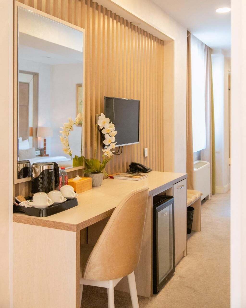 A hotel room with a wooden desk, a television, a small plant, and a mirror.