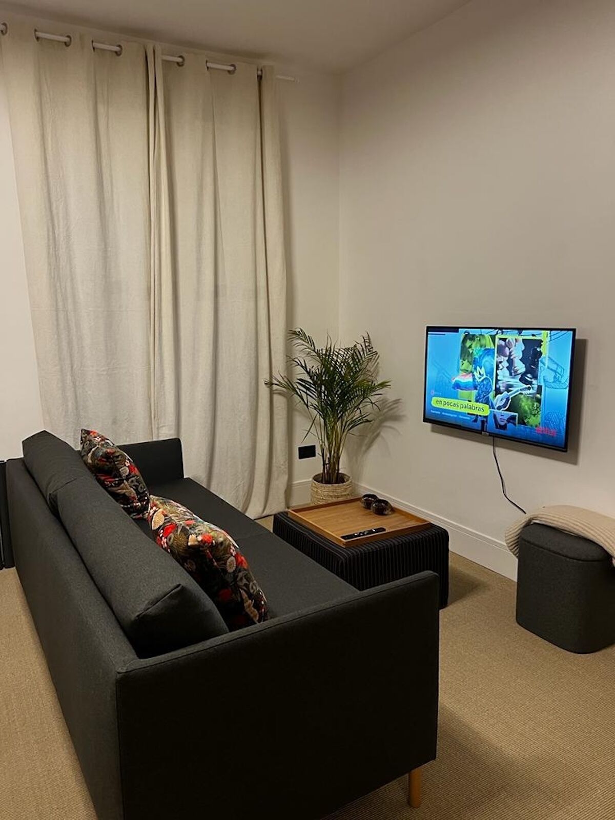 Een woonkamer met een zwarte bank, een aan de muur bevestigde televisie, een klein tafeltje met een plant en een raam met gordijnen.