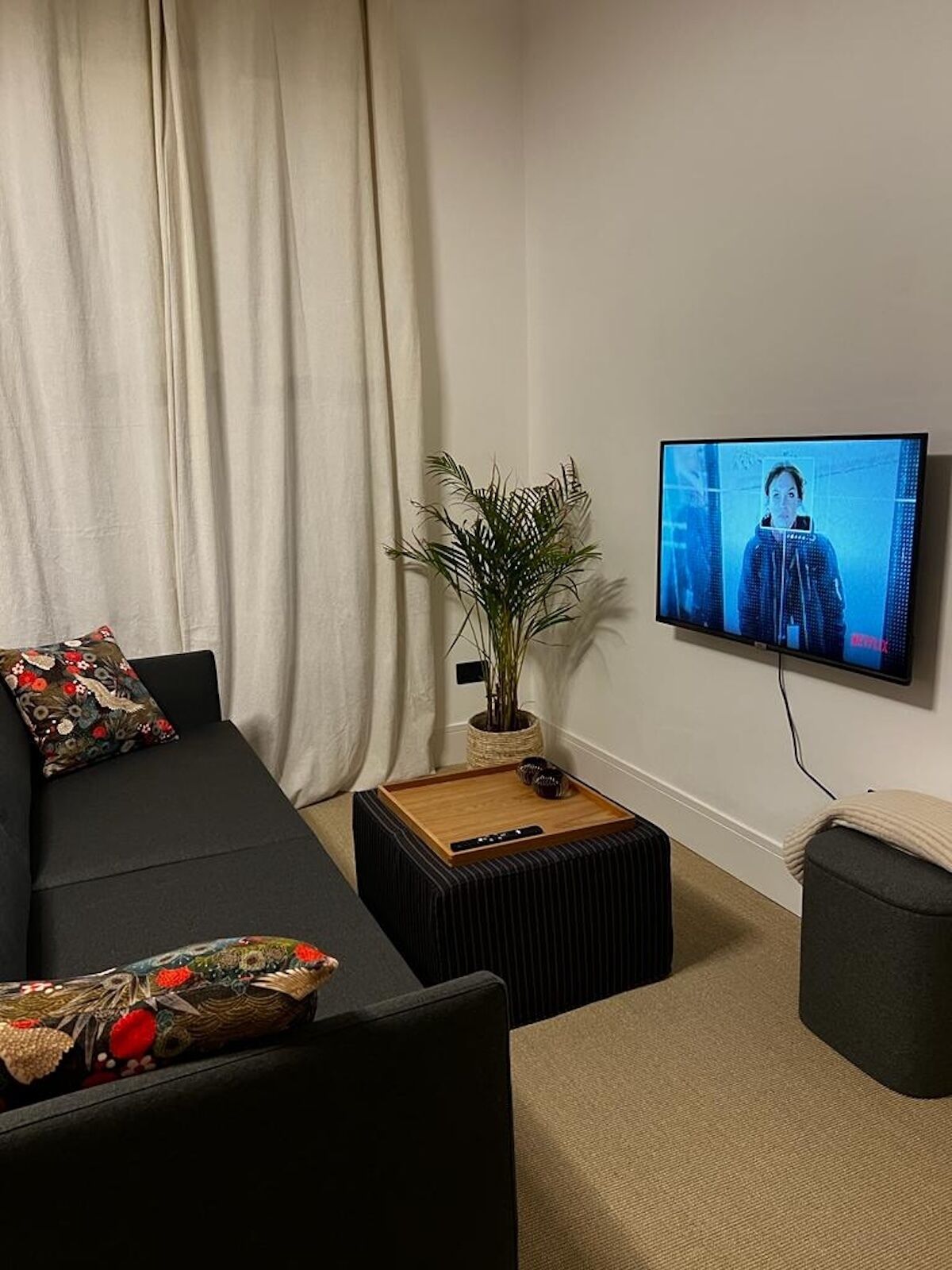 A living room with a black sofa, a wooden coffee table, a potted plant, and a television mounted on the wall.