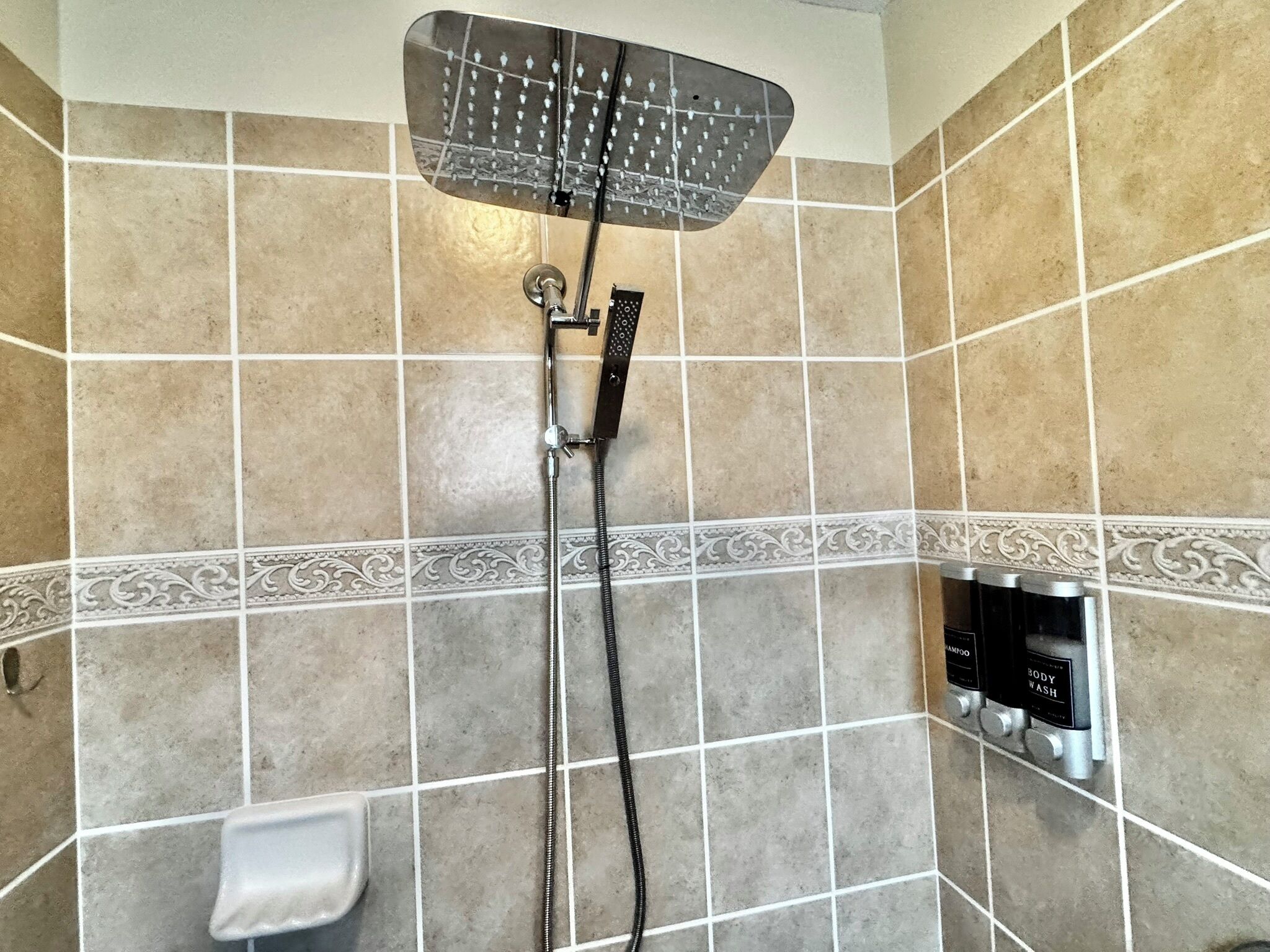 Ein Duschbereich mit Handbrause, Wandbedienelement und Seifenschale.