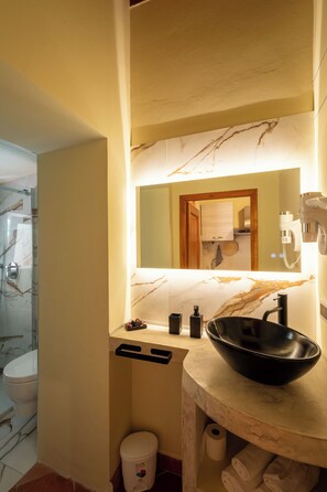 Une salle de bain avec un lavabo en marbre, un grand miroir, des toilettes et un espace douche.