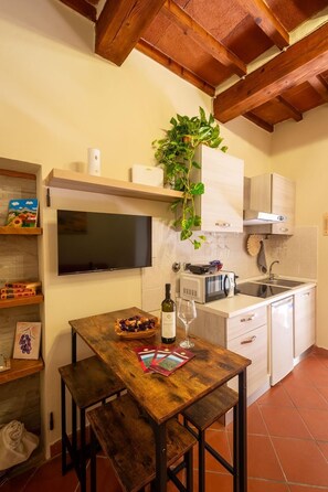 Eine kleine Küche mit Holztisch, einem an der Wand montierten Fernseher und einer hängenden Pflanze.