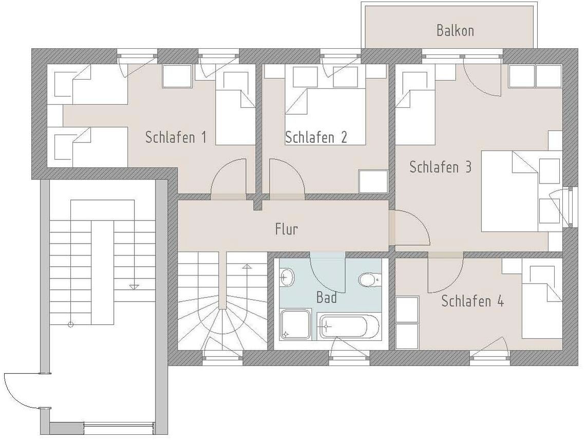 Een plattegrond met vier slaapkamers, een balkon, een badkamer en een woonruimte.