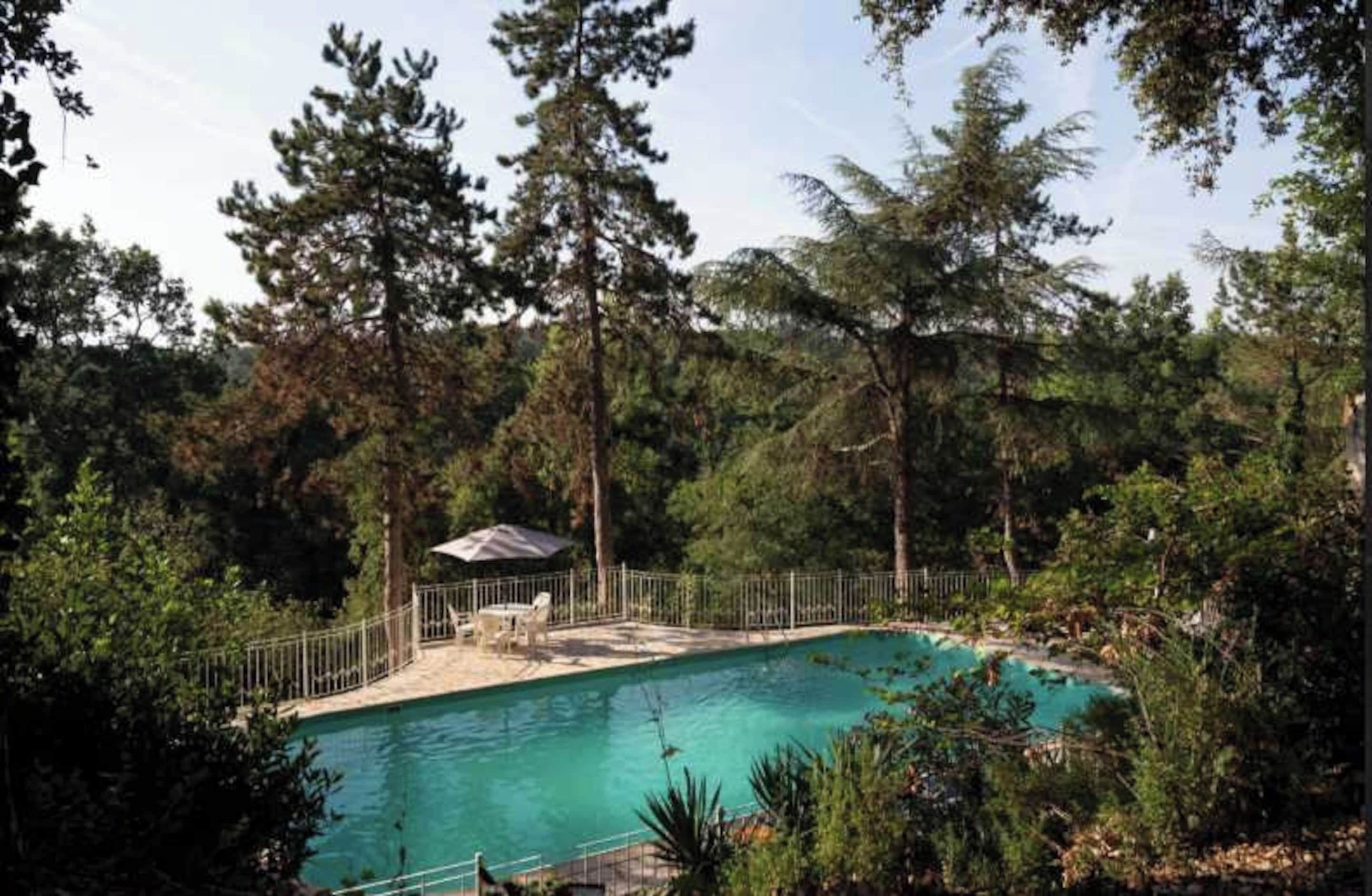 Piscina rodeada de árboles y un área cercada con una mesa y sillas.
