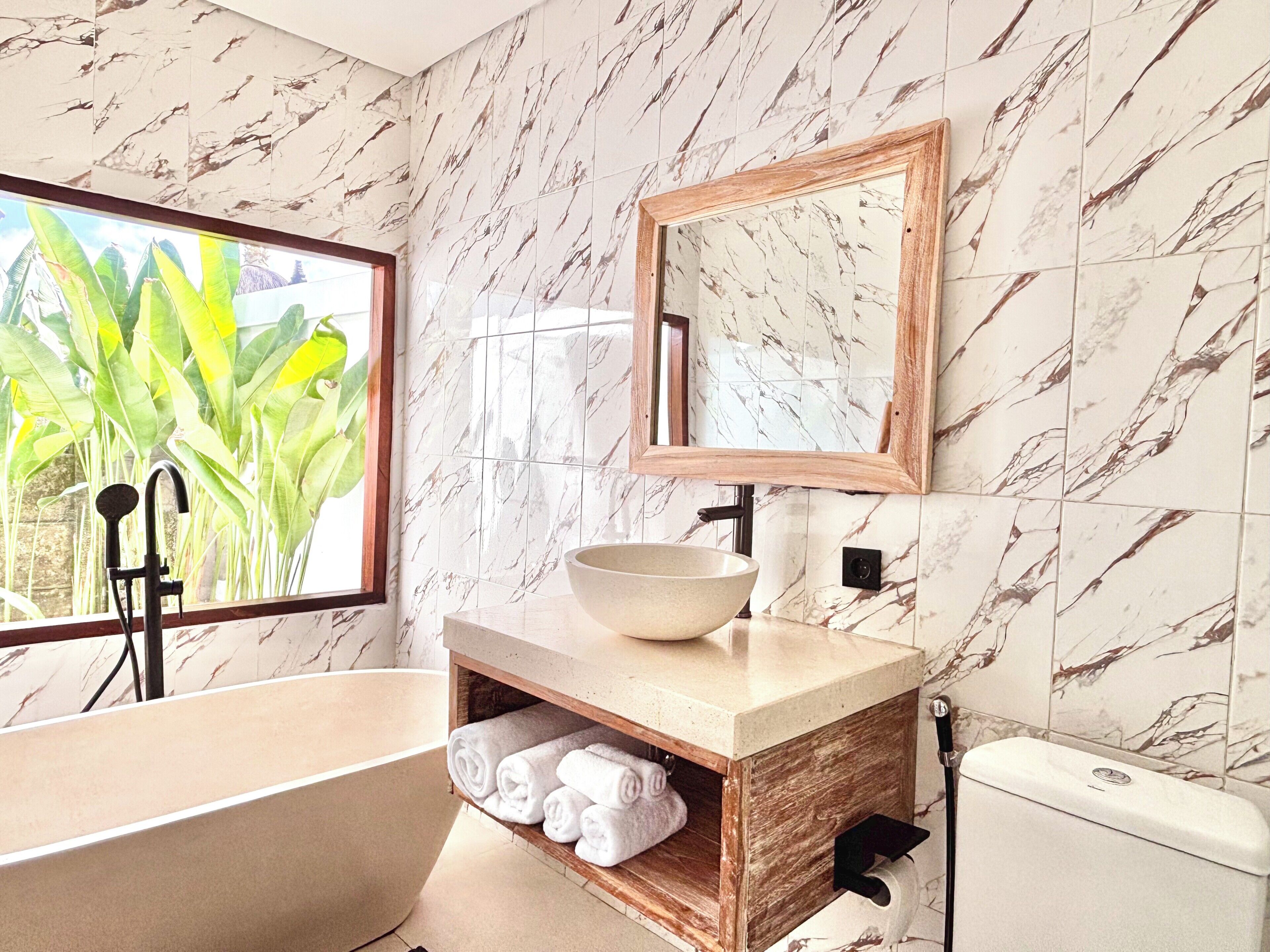 Hair dryer, bidet, towels, soap