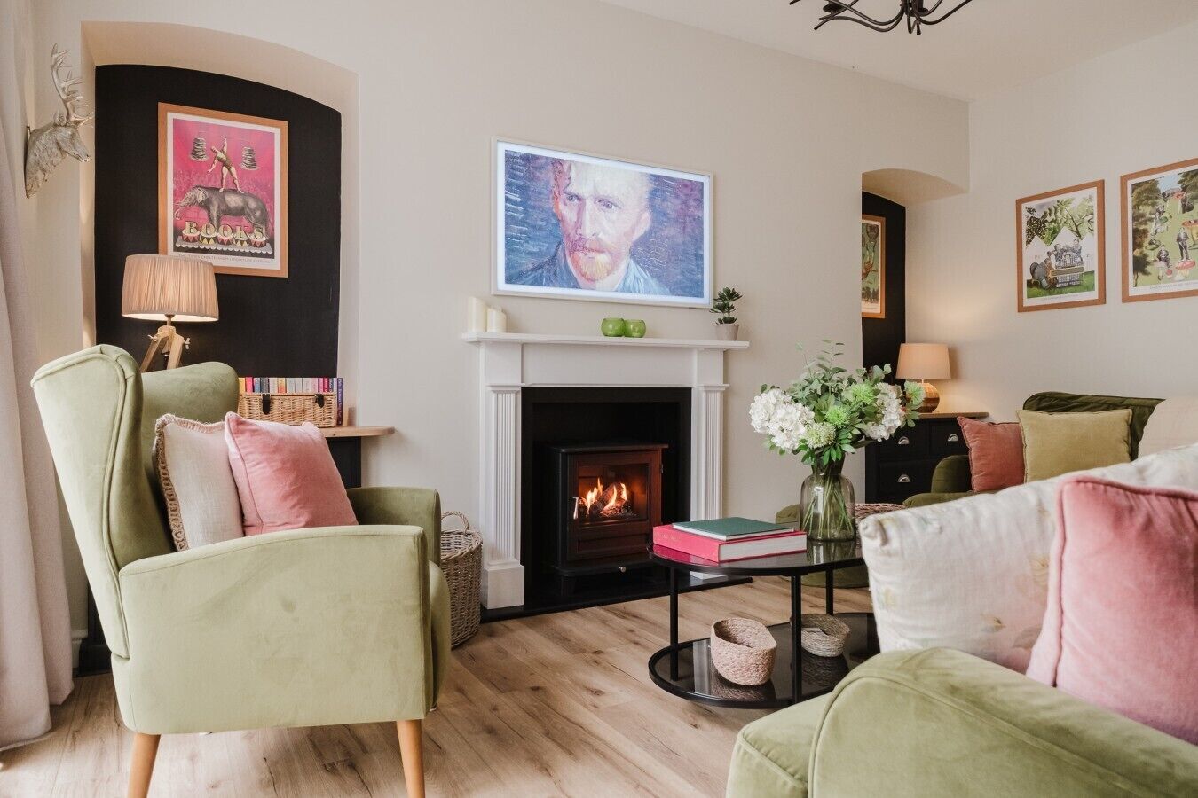 TV, fireplace, books