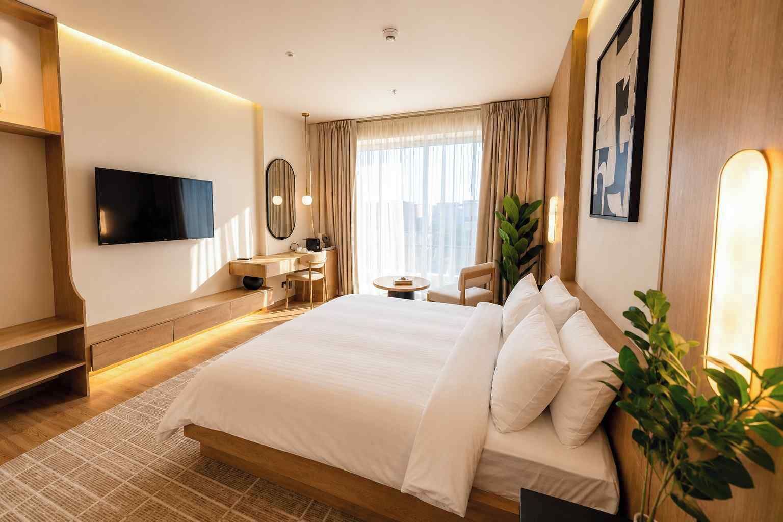 A hotel room with a large bed, bedside tables, a desk, a chair, a TV, and a window with curtains.