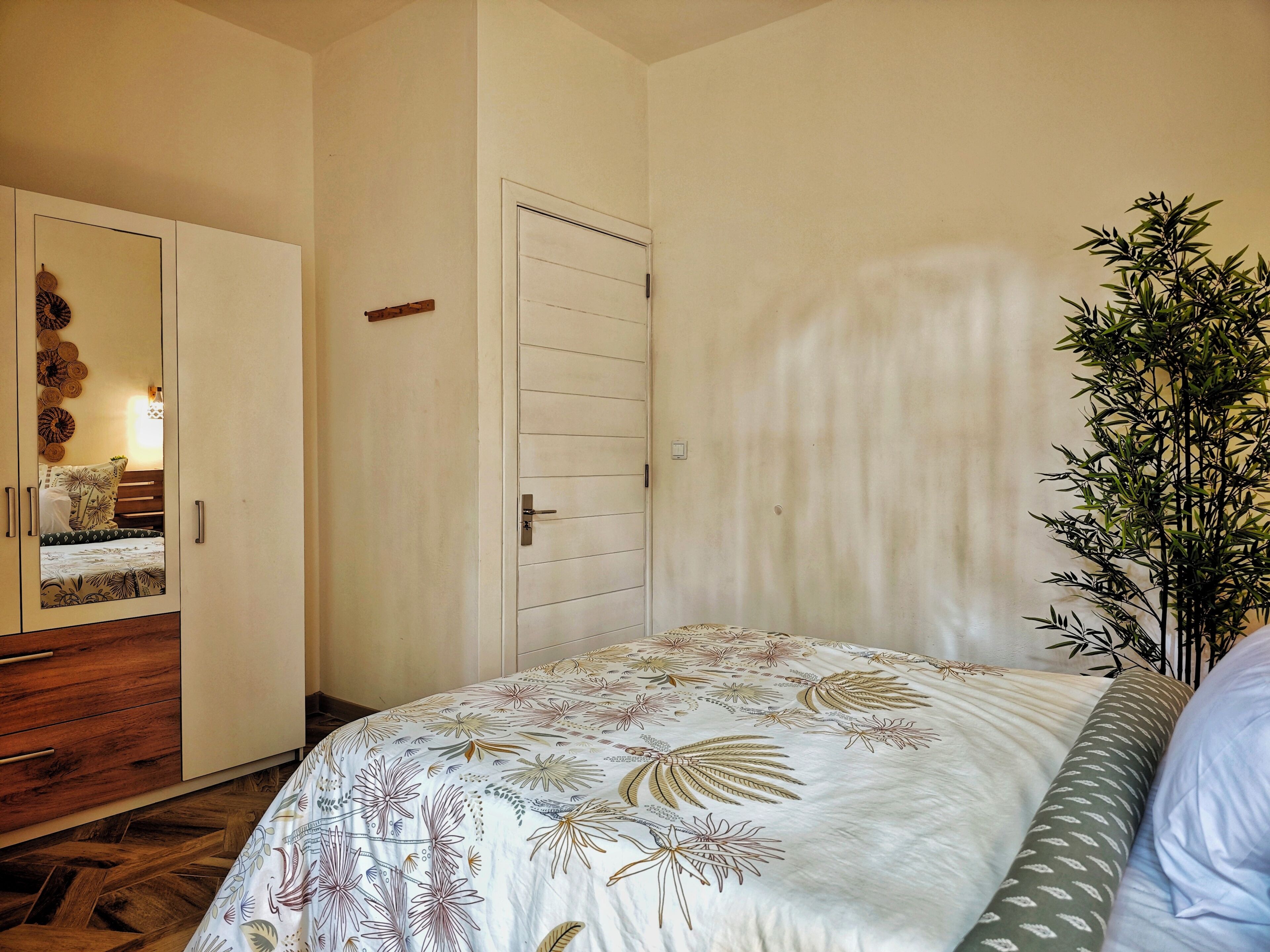 Une chambre à coucher avec un lit, une armoire, une porte et une plante.