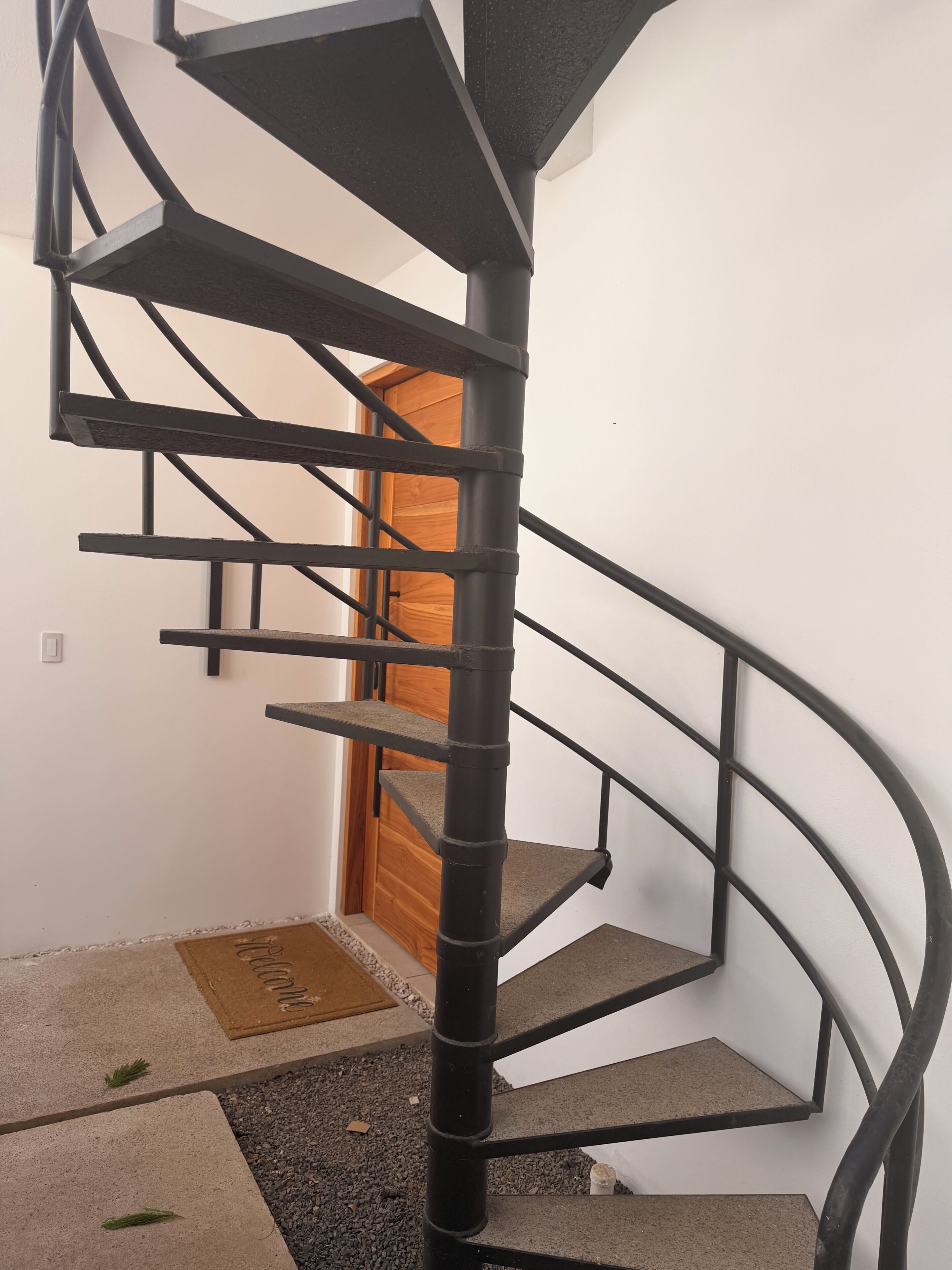 A spiral staircase with a black metal railing, leading to a wooden door.