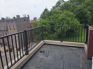 Una terraza en la azotea con barandilla de metal negro, superficie plana y vistas a edificios y árboles colindantes.