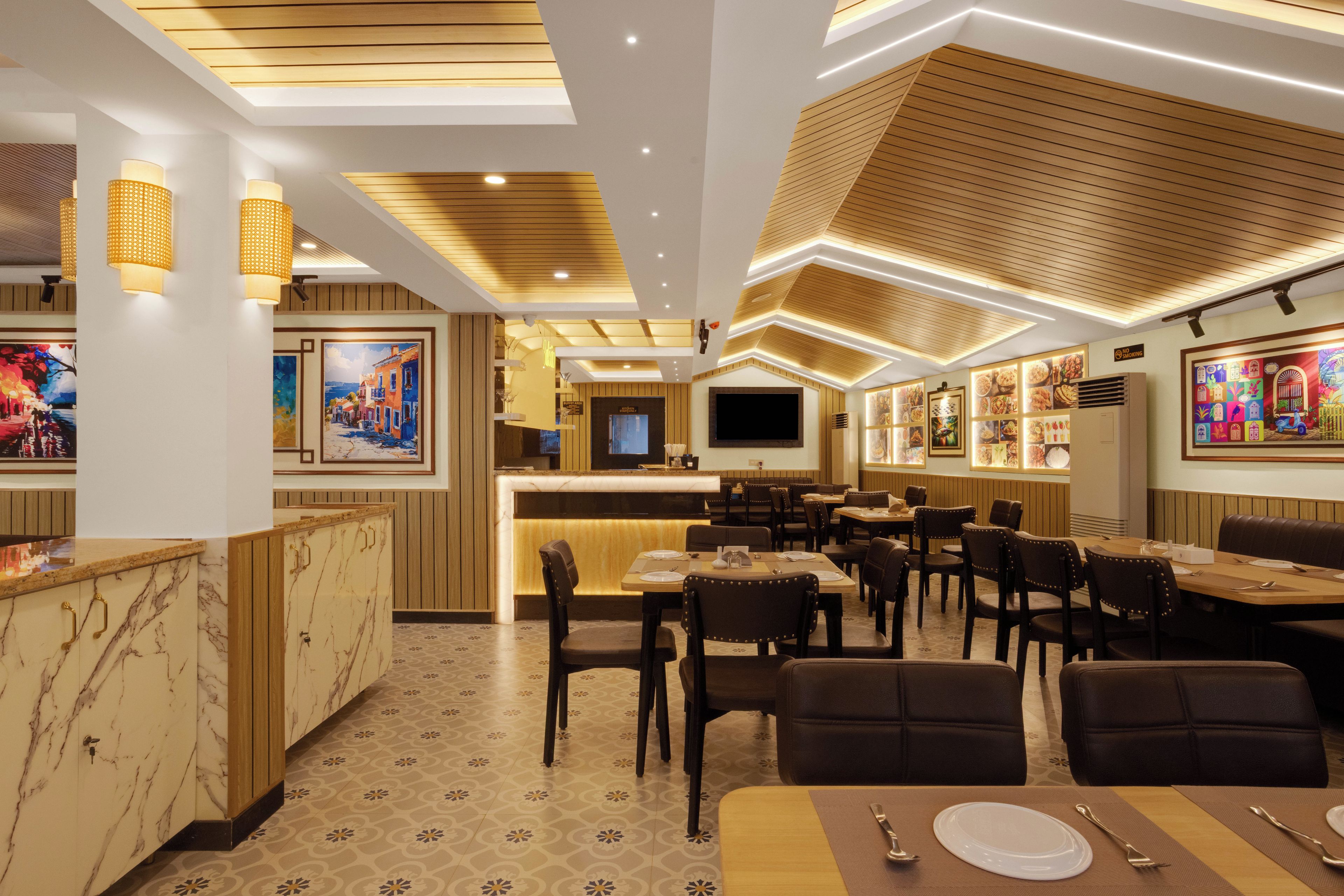 A restaurant with a bar area, dining tables, and chairs.