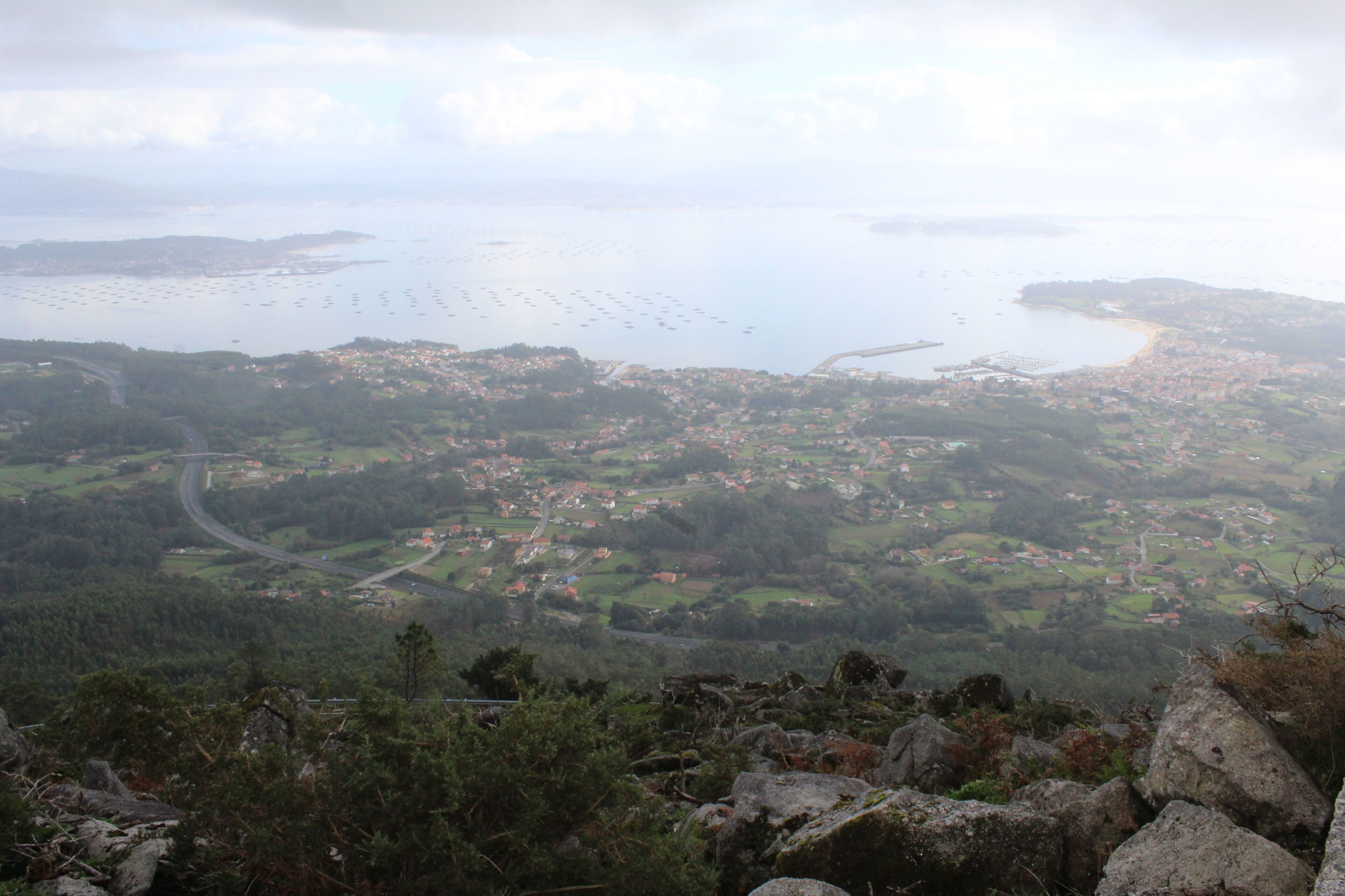 Une ville côtière offrant une vue sur la mer, les routes et la végétation.