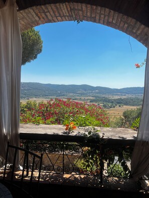 A view through a brick archway with a table and potted plants in the foreground, overlooking a landscape with hills and fields. - Casa Due - Organic Farmhouse in the heart of Maremma - Paradise for Families (Toscana)