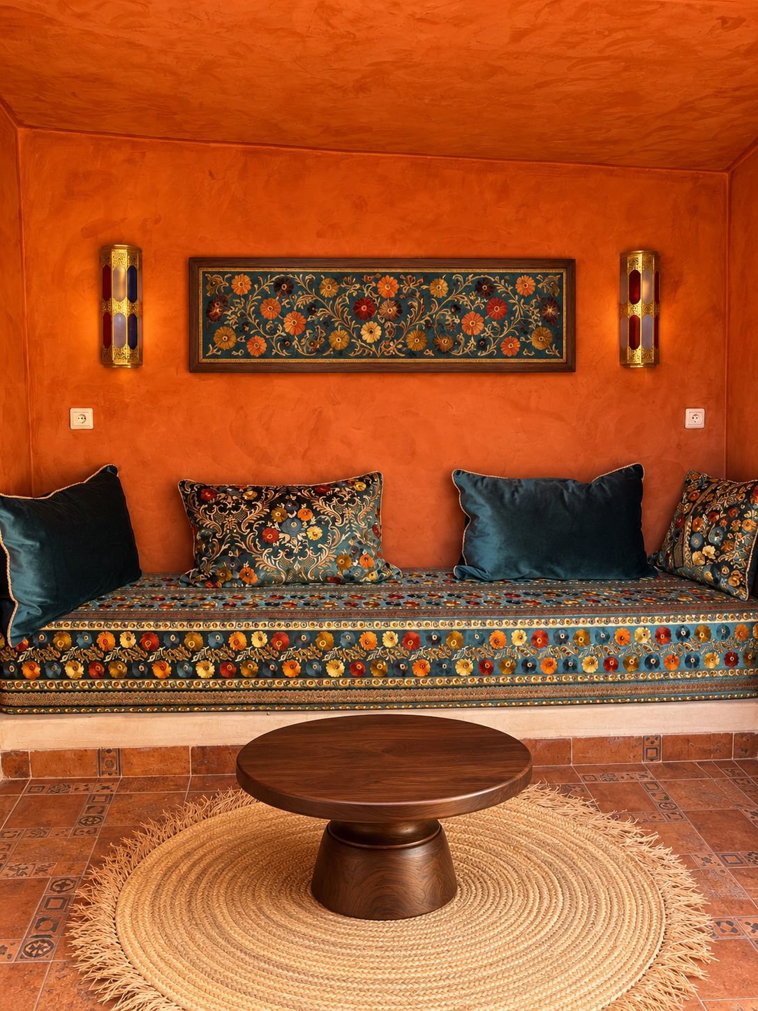A room with a sofa set against an orange wall, a patterned rug, and a wooden table.