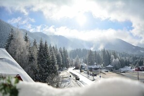 A snow-covered landscape with a road, buildings, and trees.