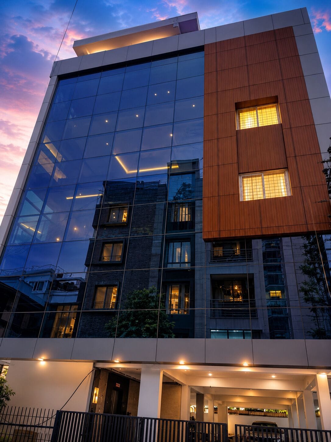 A modern building with reflective glass windows and a mix of wood and concrete materials.