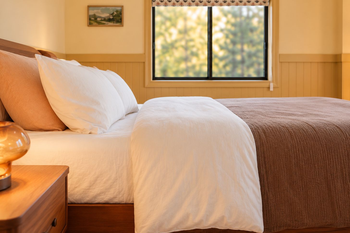 A neatly made bed with white and brown bedding, a bedside table with a lamp, and a window with a view of trees.