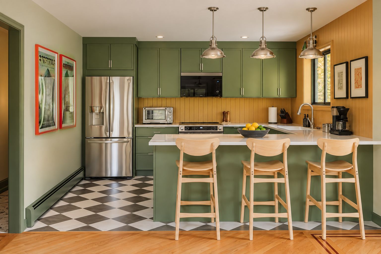 Una cocina con armarios verdes, un refrigerador de acero inoxidable, un microondas y un fregadero con taburetes de bar.