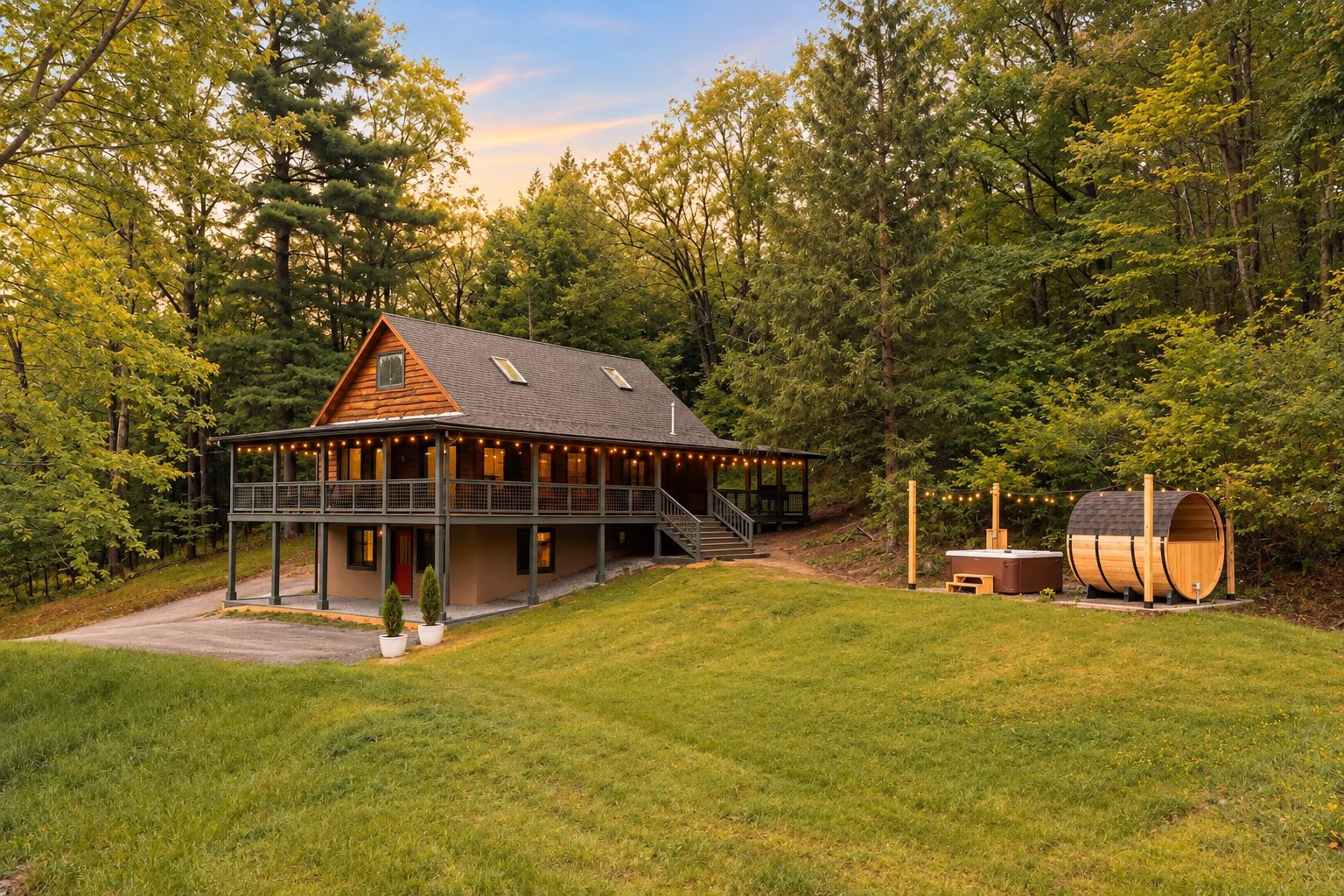 Everything you need is right here, from the big wraparound deck to the hot tub and sauna next door.