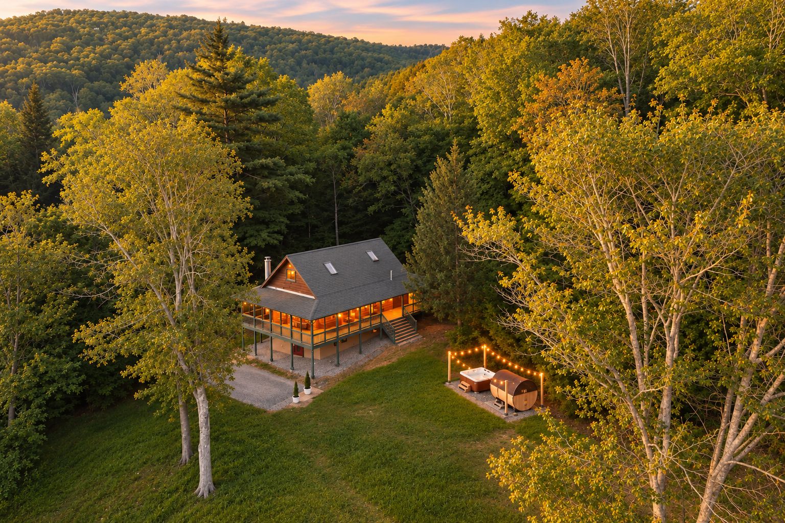A quiet cabin in the woods with hills all around. Sit out on the porch and enjoy the fresh air, then take a short walk across the lawn to the hot tub and sauna for a relaxing night under the lights.