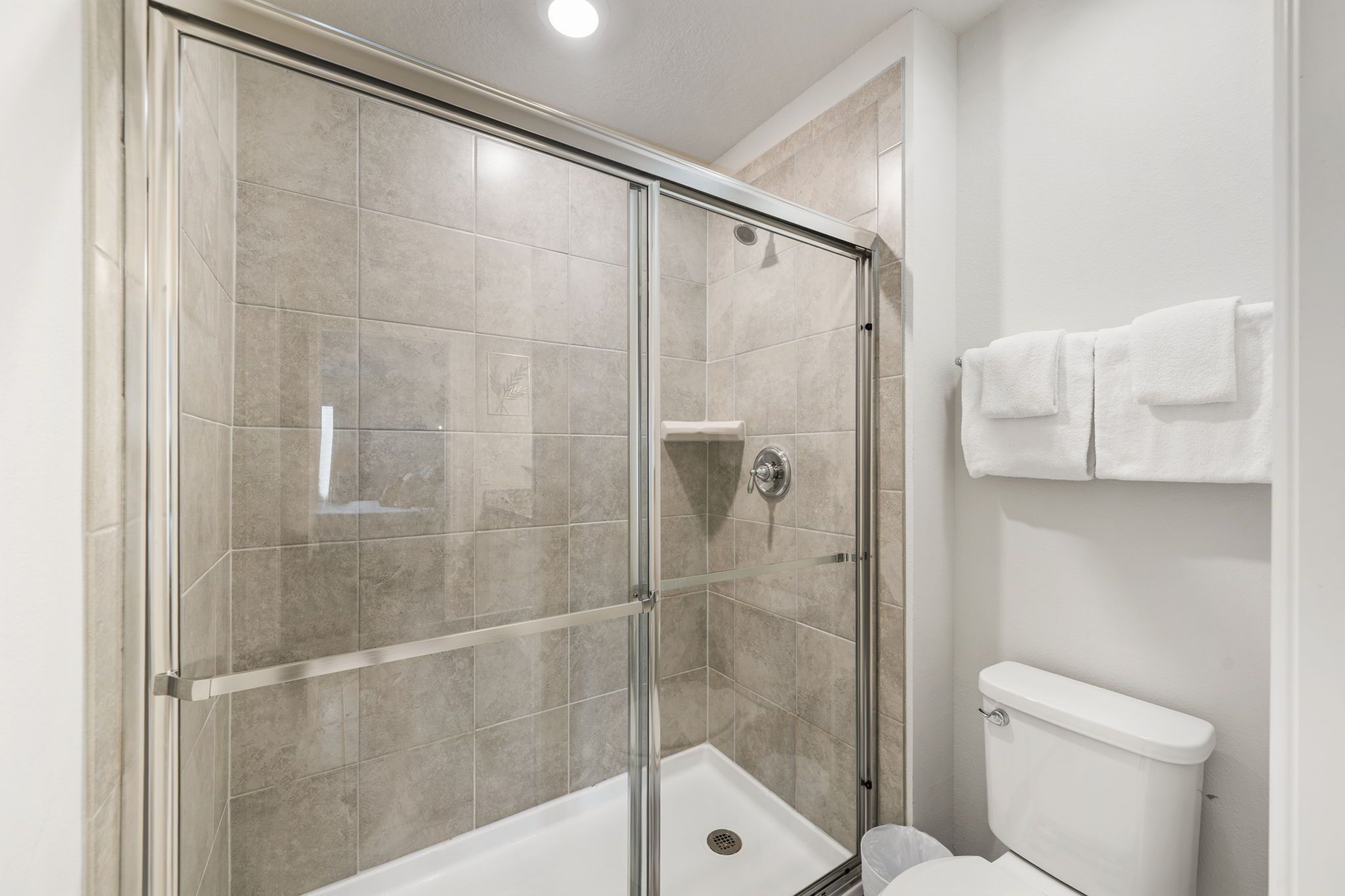 A modern bathroom with a glass-enclosed shower, a toilet, and a towel rack.
