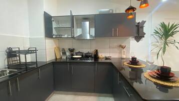 Deluxe Apartment | Private kitchen | Fridge, microwave, cookware/dishes/utensils