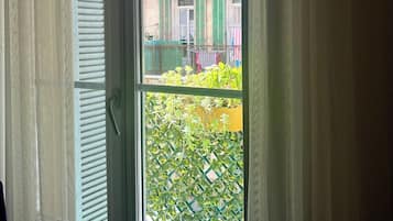 Une fenêtre avec des stores blancs, une vue sur un immeuble aux volets verts et un balcon orné de plantes.