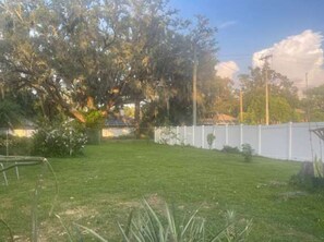 A grassy backyard with a white fence, trees, and a clear sky. - 3BR Pool Home for 8 Easy Access to I-75 and I-4 (Valrico)