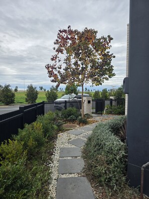 A pathway leading to a building with a tree in the foreground. - Modern 4BR House w/ All Queen Beds & Private Master Ensuite (Oran Park)