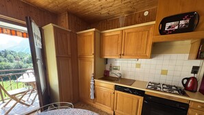 Eine Küche mit Holzausstattung, einem Gasherd, einem Geschirrspüler und Blick ins Freie.