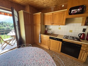 Cozinha com armários de madeira, fogão a gás, lava-louças e vista para o exterior.