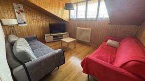 Ein gemütliches Zimmer mit einem grauen Sofa, einem roten Sofa, einem kleinen Tisch, einem Fernseher auf einem Holzschrank und einem Fenster mit Vorhängen.