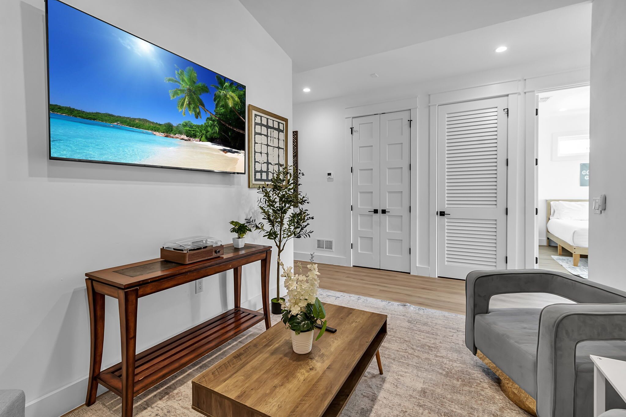 A modern living room with a flat-screen TV, wooden console table, a coffee table with a plant, a grey sofa, and white doors.